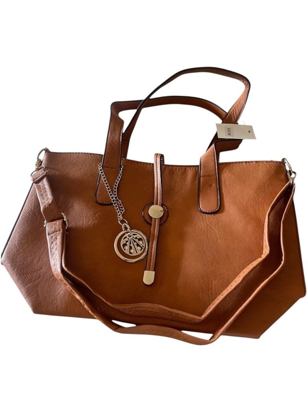 Tan Faux Leather Tote Bag with Shoulder Strap & Gold Hardware Handbag - Picture 8 of 9